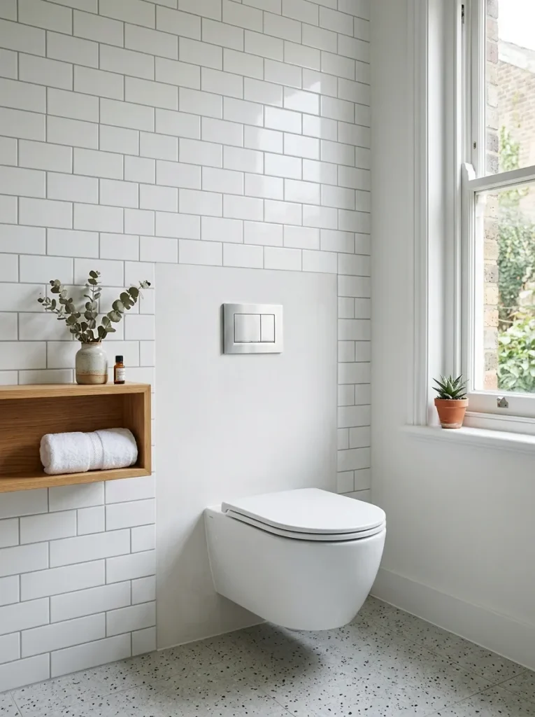 Wall-mounted rimless toilet with concealed cistern in a small white bathroom with terrazzo floor and a slim open vanity shelf beside it