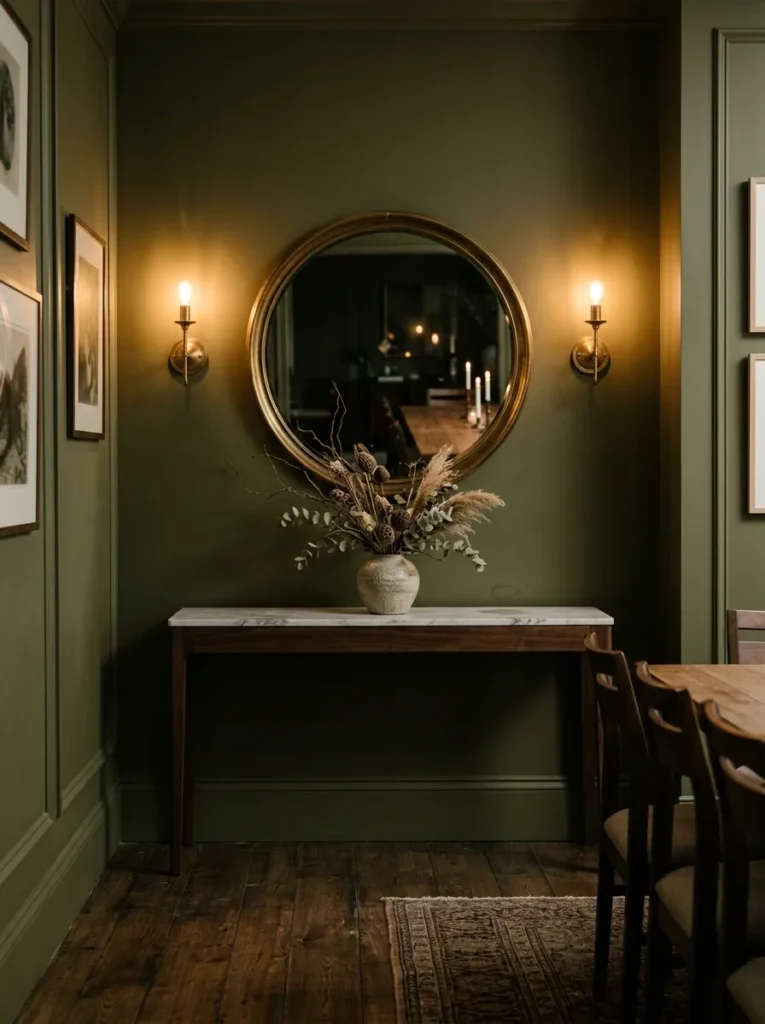  Brass wall sconces flanking a round mirror above a console in a luxury dining room
