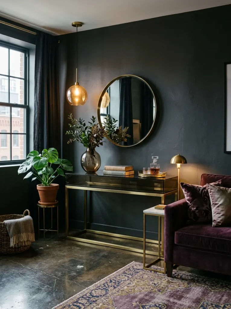  Dark living room with warm brass console and smoked glass accents catching lamp light