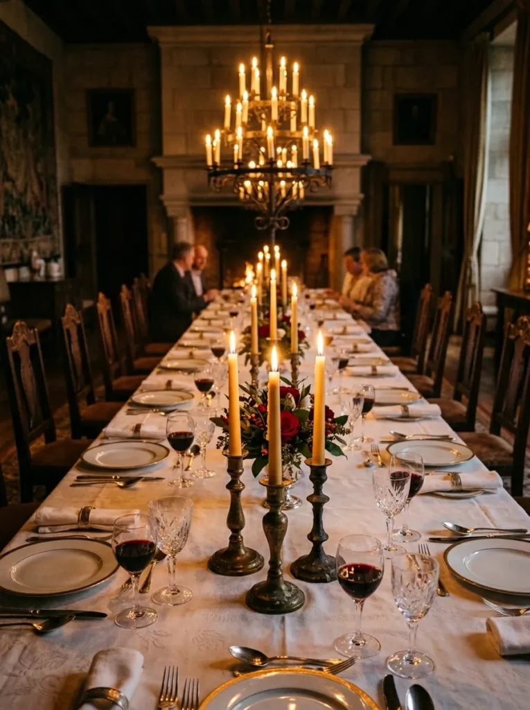 Warm dining room styled with layered candlelight and cozy evening ambiance