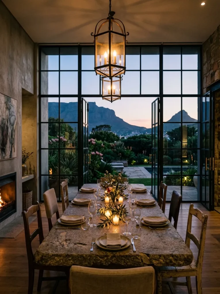 Warm dining room with statement wall featuring artwork and elegant styling