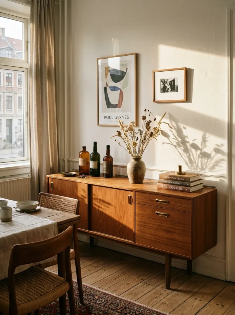 Warm dining room with decorative sideboard styling and elegant storage solutions