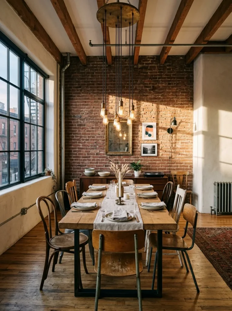 Warm dining room featuring exposed brick wall and rustic architectural texture