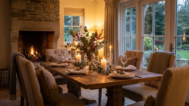 Warm dining room ideas featuring reclaimed wood tables, cozy lighting, vintage rugs, and inviting decor