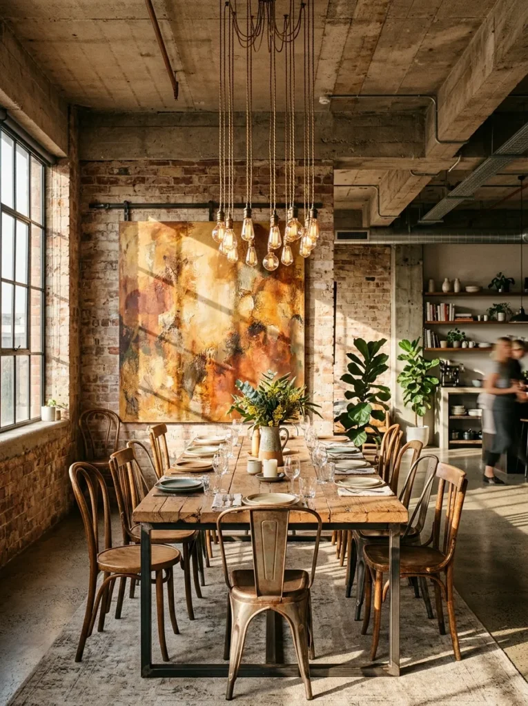 Warm dining room with oversized artwork creating a welcoming focal point