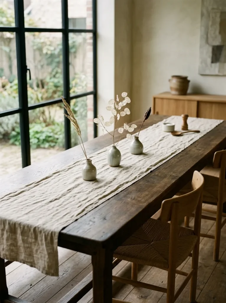 Warm dining room with linen table runner and natural layered textures