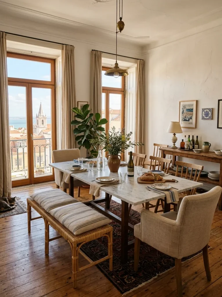 Warm dining room with mixed dining chair styles creating a collected look