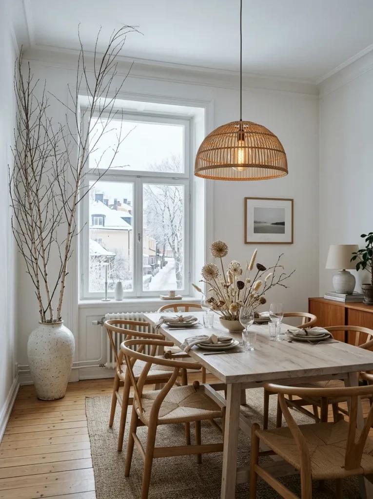 Warm dining room decorated with branches, greenery, and organic botanical elements