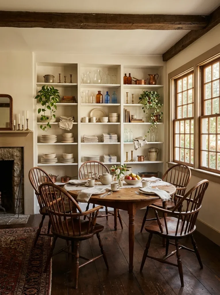 Warm dining room with open shelving displaying ceramics and tableware