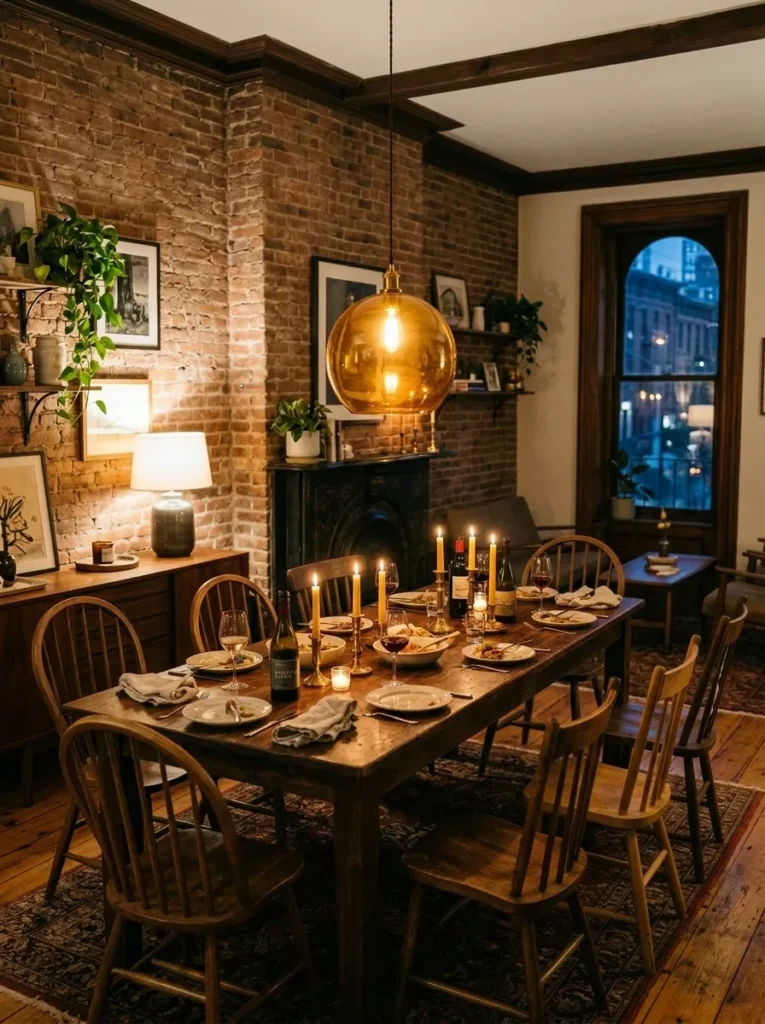 Warm dining room with oversized pendant lighting hanging above a dining table
