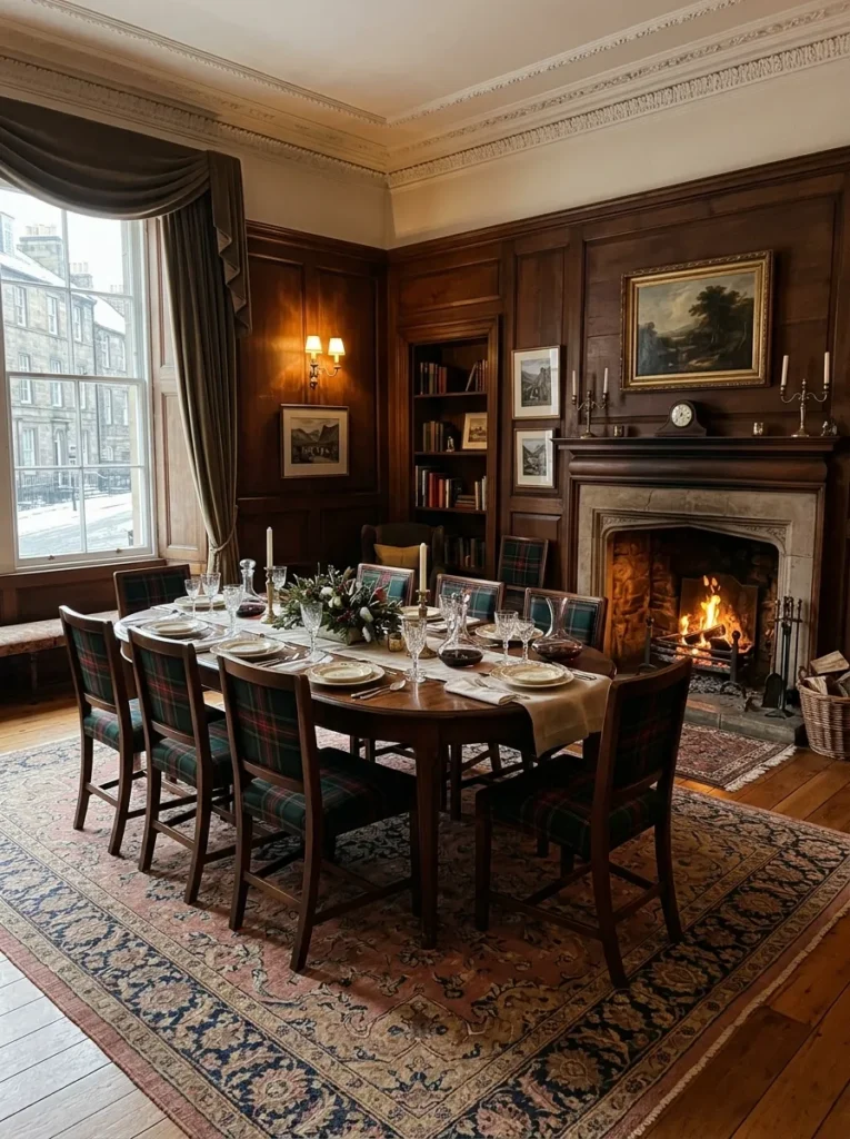 Warm dining room with vintage Persian rug underneath a dining table