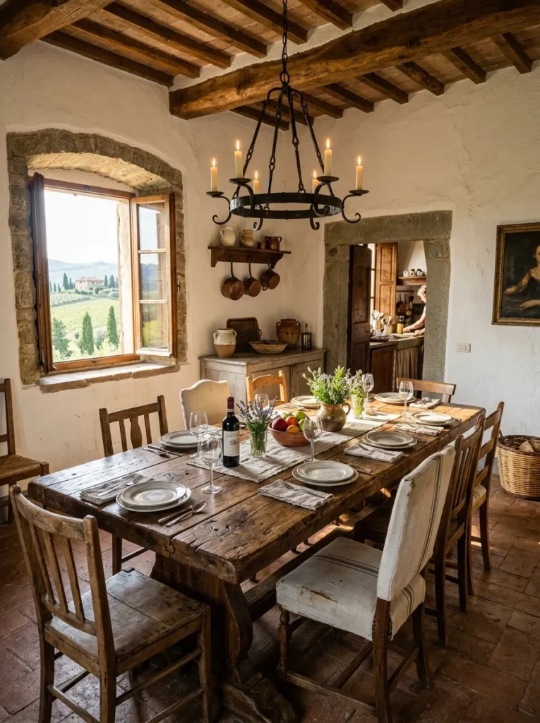 Warm dining room featuring a large reclaimed wood dining table with natural character
