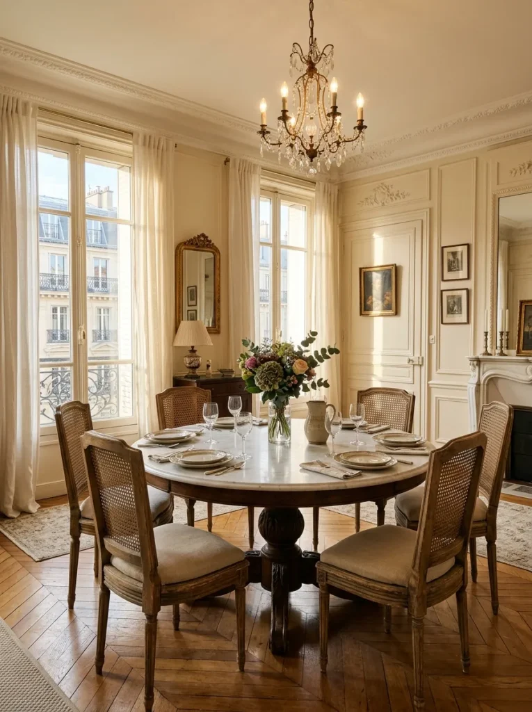 Warm dining room with round dining table designed for comfortable conversation