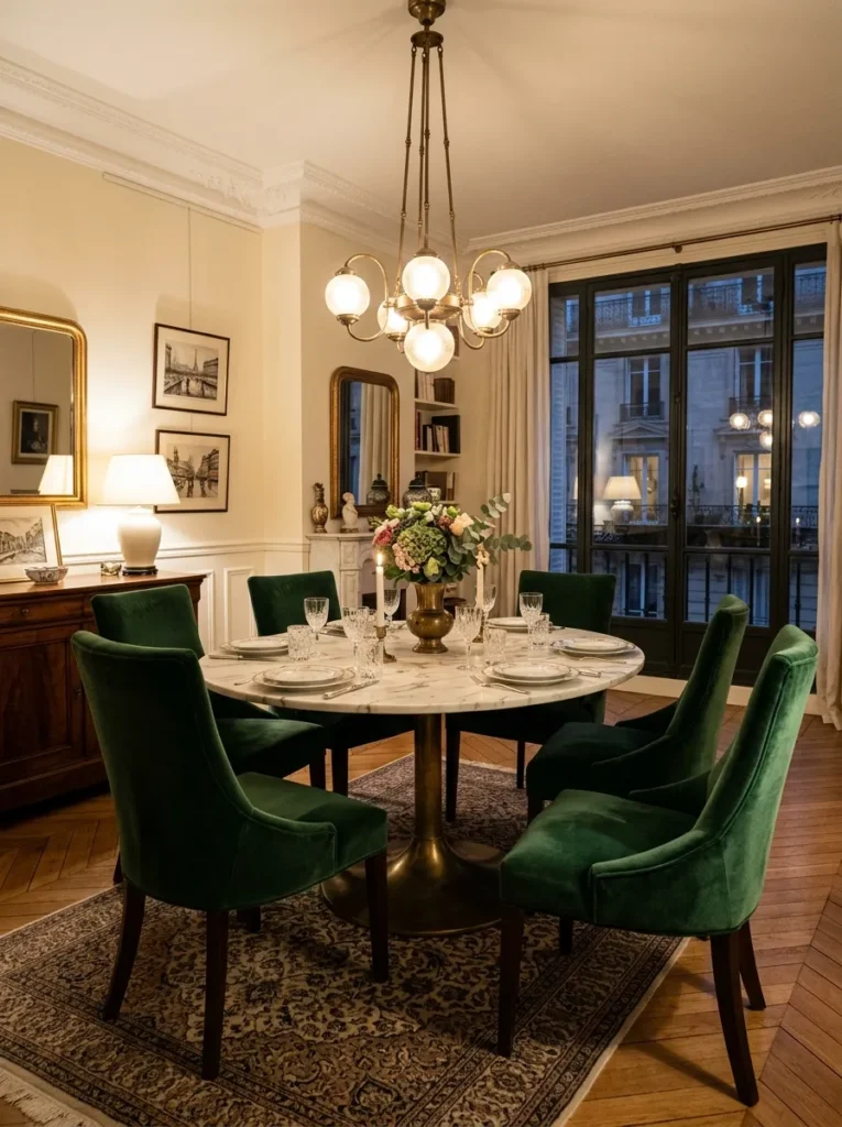Warm dining room featuring upholstered dining chairs in soft textured fabric