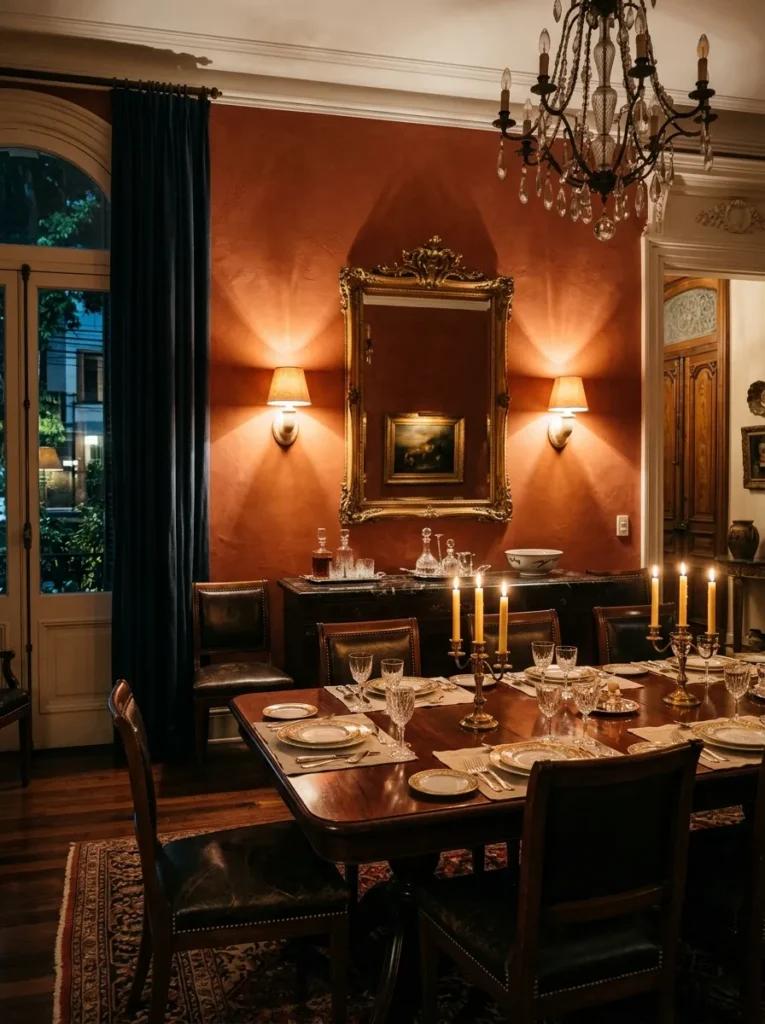 Warm dining room featuring decorative wall sconces and layered ambient lighting