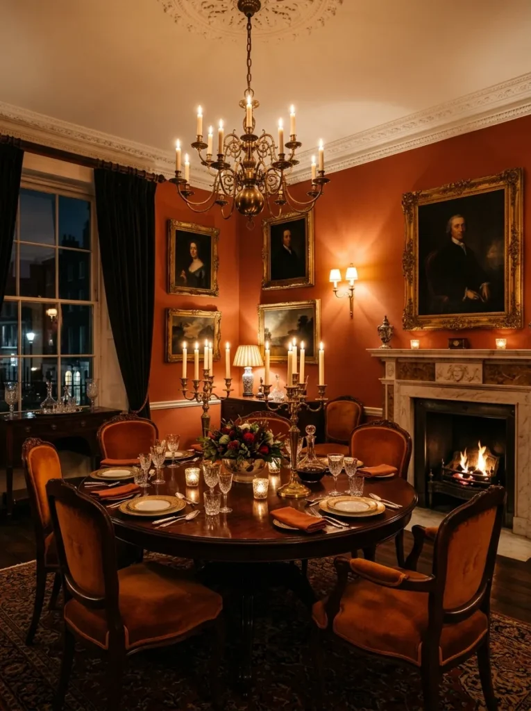 Warm dining room with terracotta walls and rich earthy paint colors creating intimacy