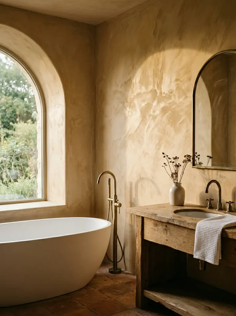 Spa bathroom with hand-applied warm ochre plaster walls, freestanding stone bathtub, and arched mirror over a minimal wooden vanity