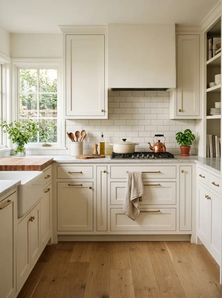 Warm white shaker cabinets forming the foundation of a bright elegant kitchen