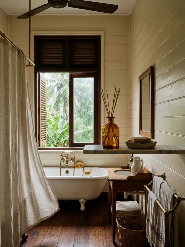 Slim reed diffuser in amber hand-blown glass beside a ceramic soap dish on a marble shelf in a colonial bathroom.