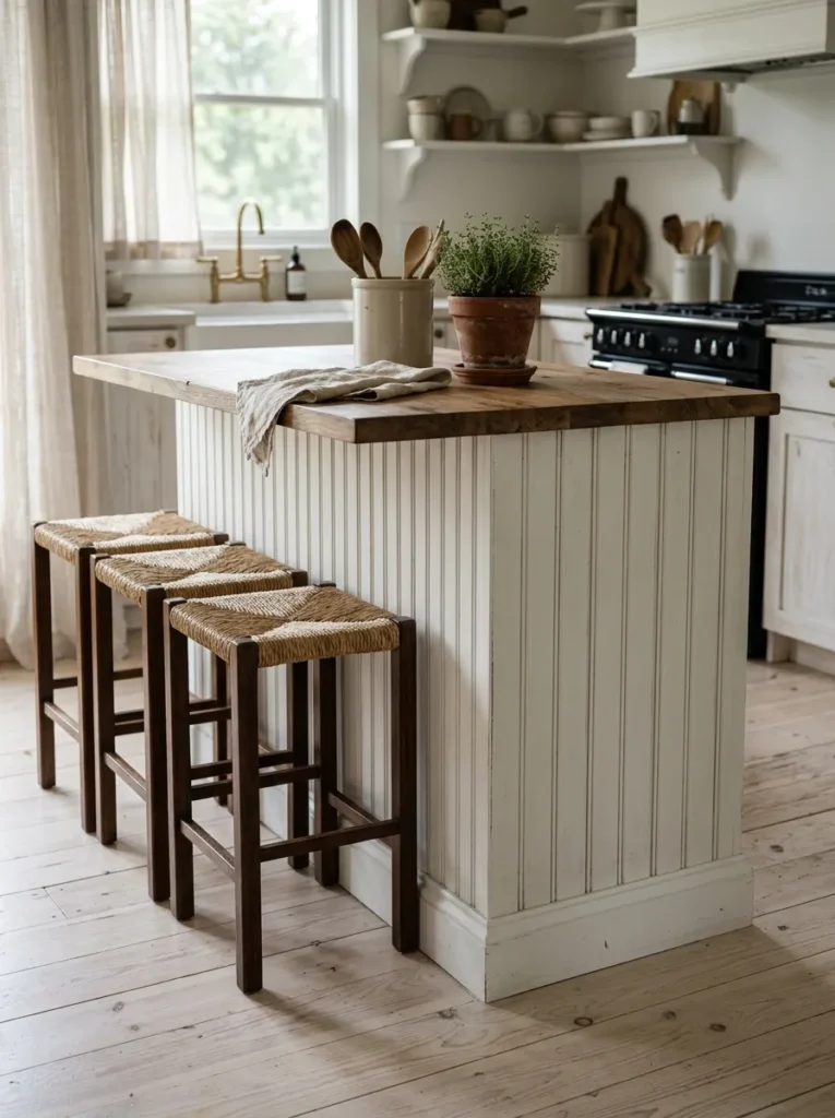 White beadboard paneling on the front of a kitchen island for added texture 