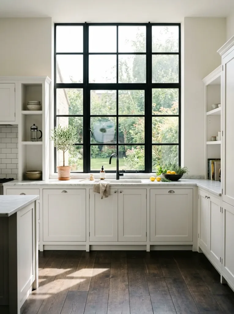 White kitchen cabinetry surrounding tall black-framed windows for architectural contrast