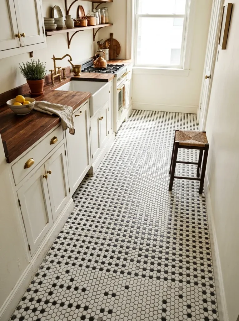 White and black geometric hexagon floor tile in a bright elegant kitchen
