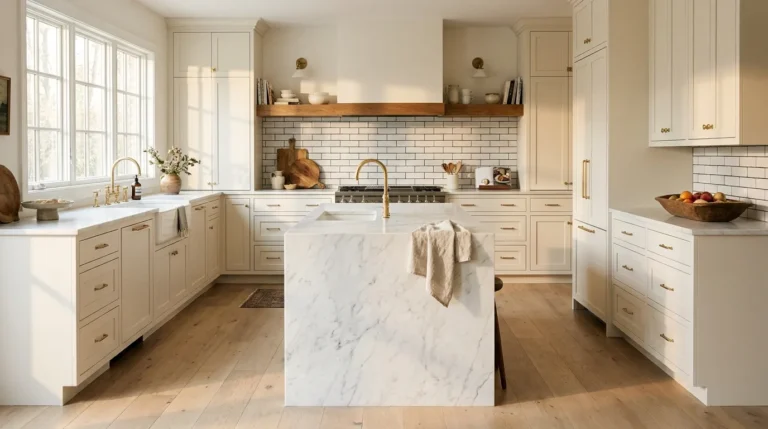 Bright white kitchen with marble waterfall island, brass hardware, and warm wood accents showing elegant white kitchen design