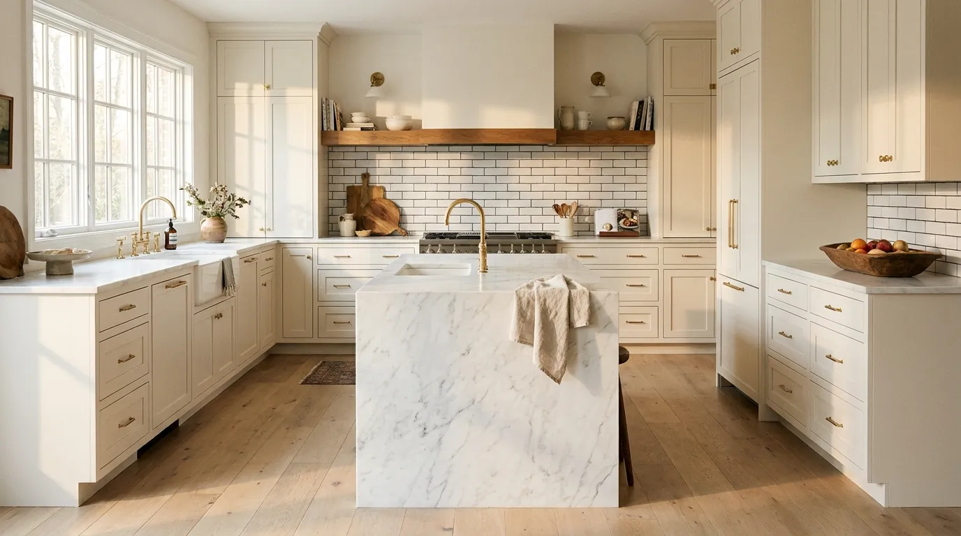 Bright white kitchen with marble waterfall island, brass hardware, and warm wood accents showing elegant white kitchen design