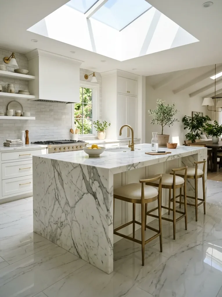  White marble waterfall edge island countertop with visible veining in a bright kitchen