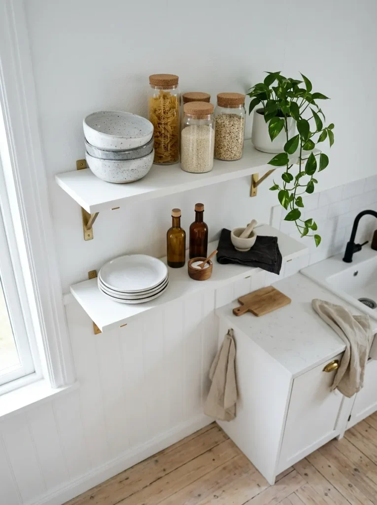  White open shelves styled with ceramic dishware and glass jars in a kitchen 