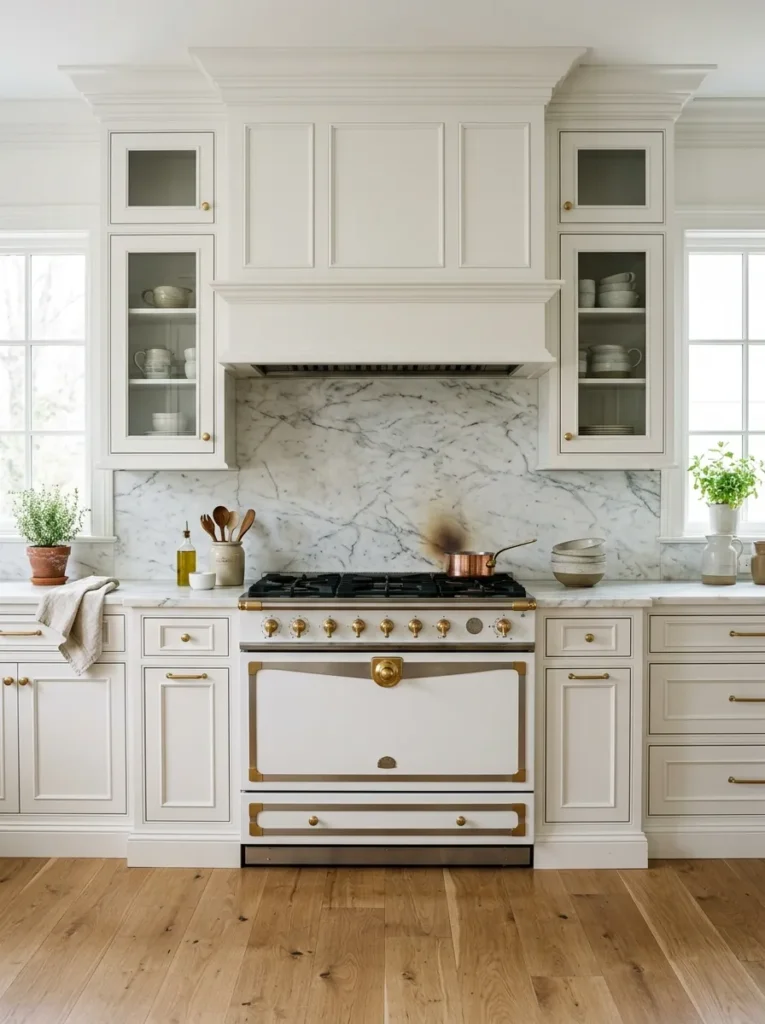White paneled range hood built seamlessly into surrounding cabinetry above a stove 