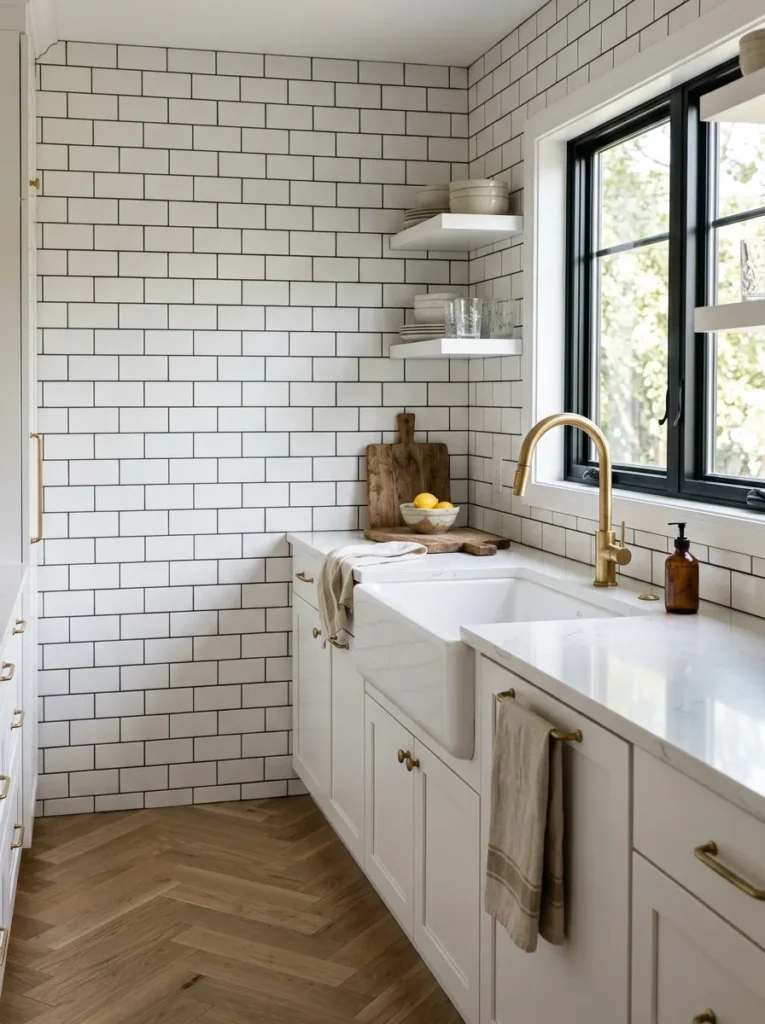 White subway tile backsplash with dark contrasting grout lines in a kitchen