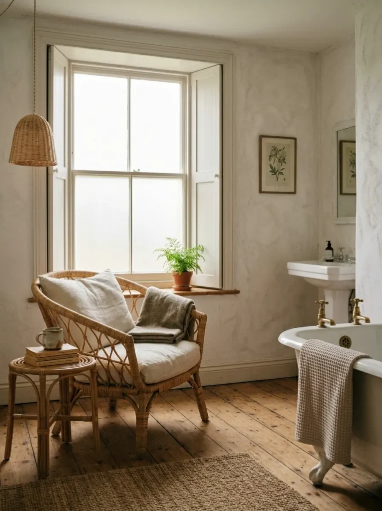  Large rattan wicker armchair with cream linen cushion in the corner of a large bathroom beside a frosted window, with a small side table holding books
