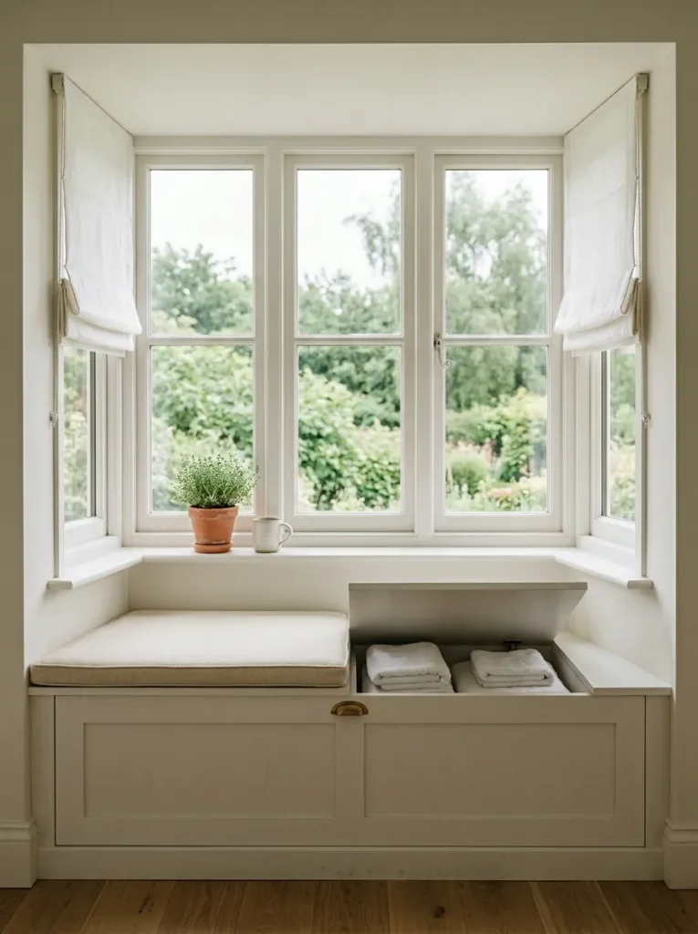 Built-in window seat with white shaker-style lift lid in a bathroom bay window, cushioned seat, with visible storage interior holding folded towels