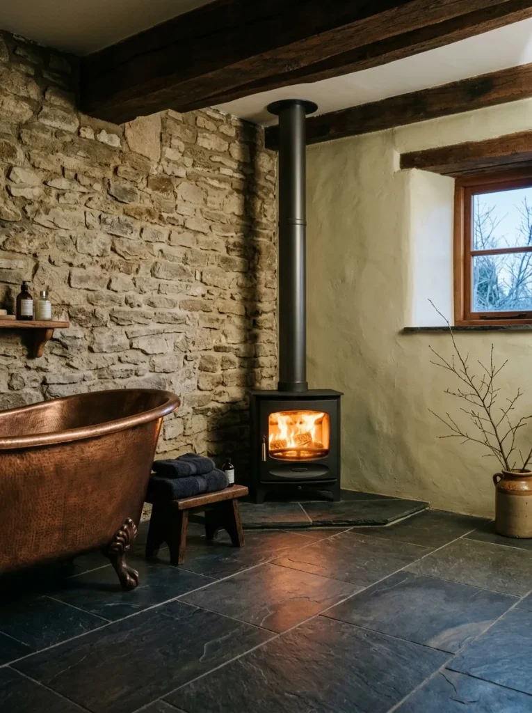 Compact cast iron wood-burning stove in a large farmhouse bathroom with slate floor, exposed stone wall, and freestanding copper bathtub nearby