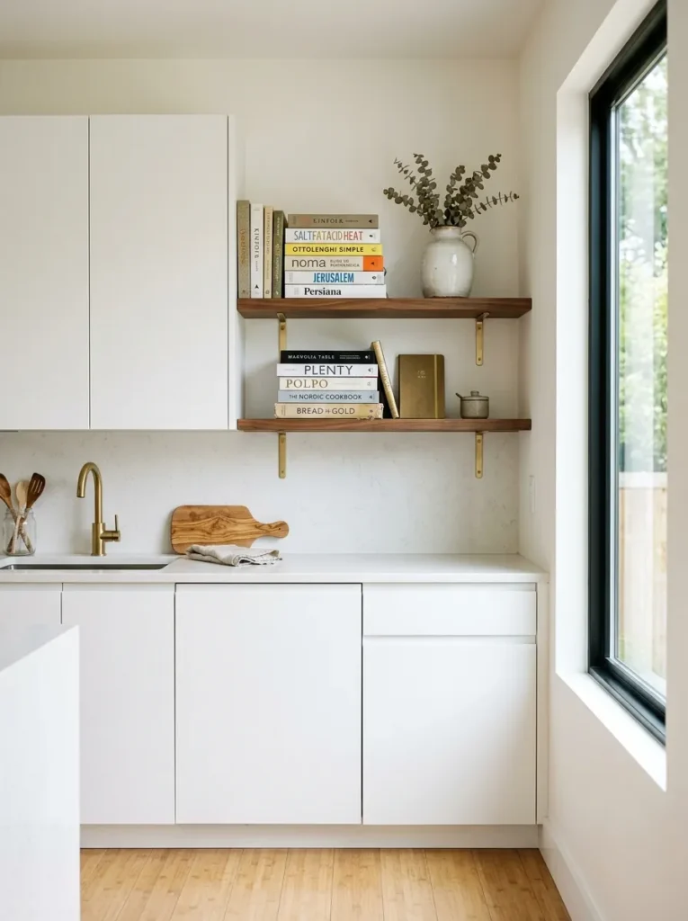 Warm wood floating shelves mounted against white cabinetry holding cookbooks 