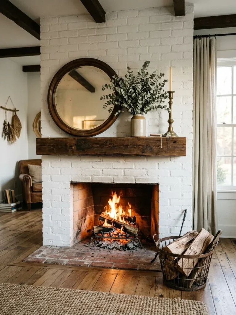  Thick wood mantel in farmhouse living room styled with layered candles, greenery, and a mirror