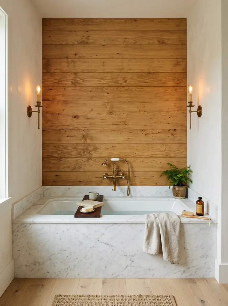  Warm honey pine shiplap accent wall behind a built-in soaking tub with a white surround and two wall-mounted antique brass sconces
