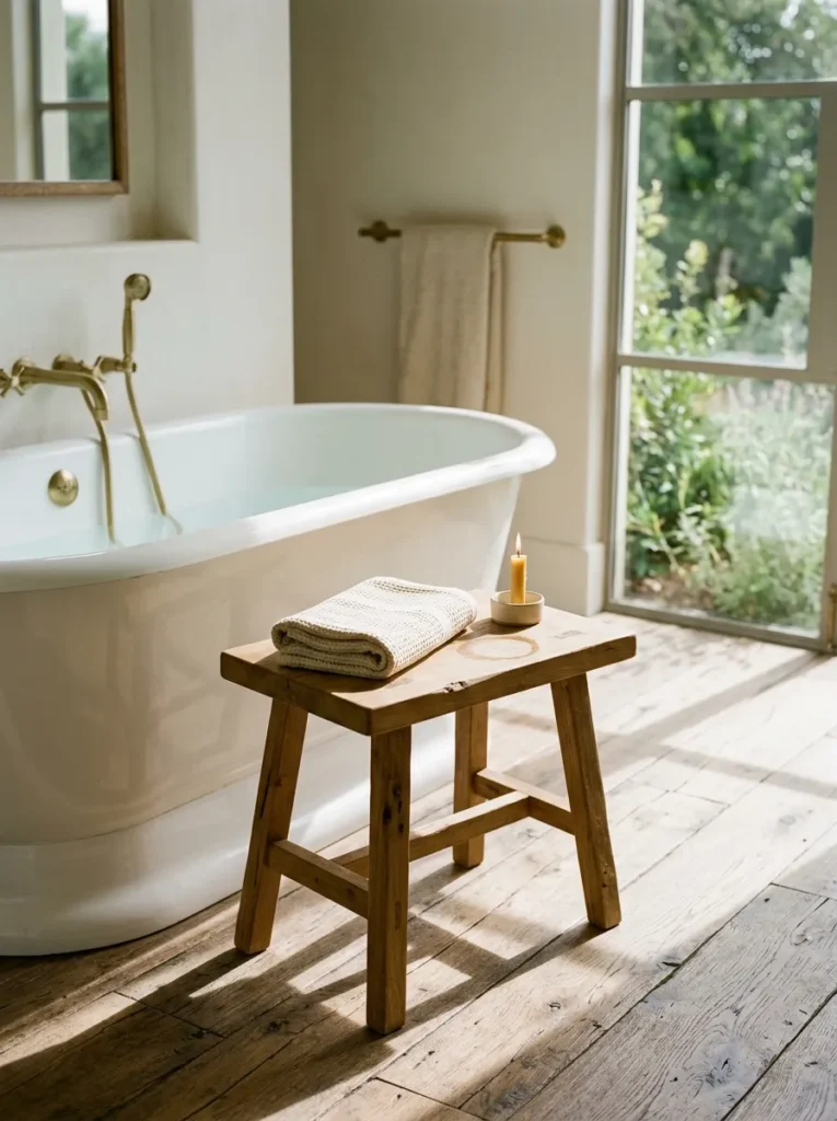 Simple wood stool placed beside a freestanding tub in a warm bathroom