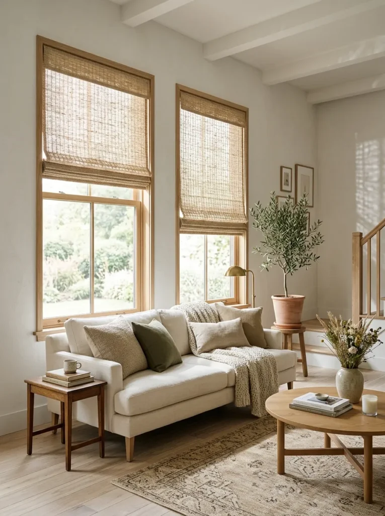 Woven natural fiber roman shades on tall farmhouse living room windows with linen sofa below