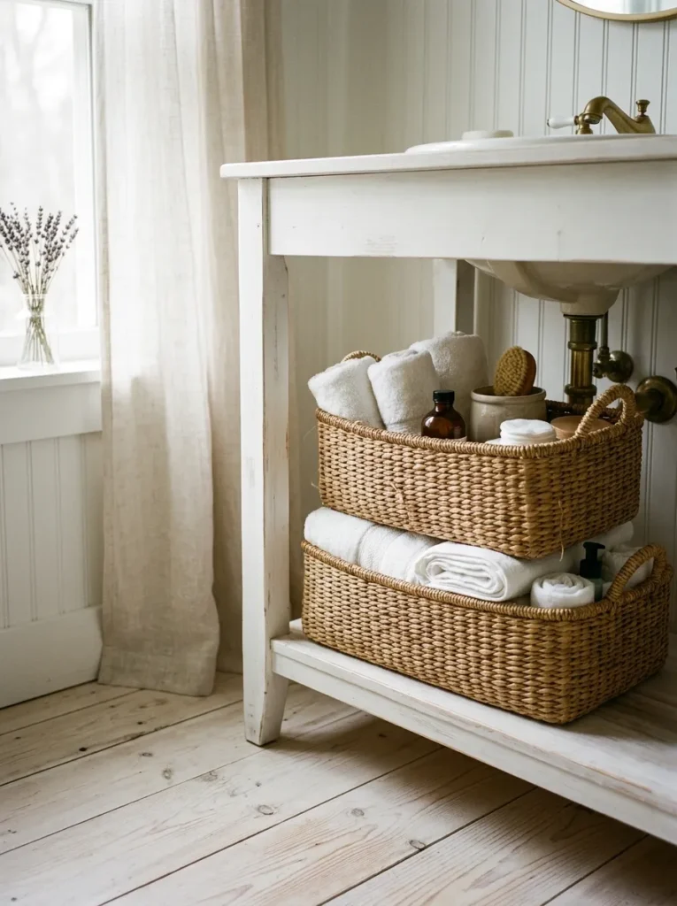 Woven seagrass storage baskets stacked beneath a bathroom vanity sink