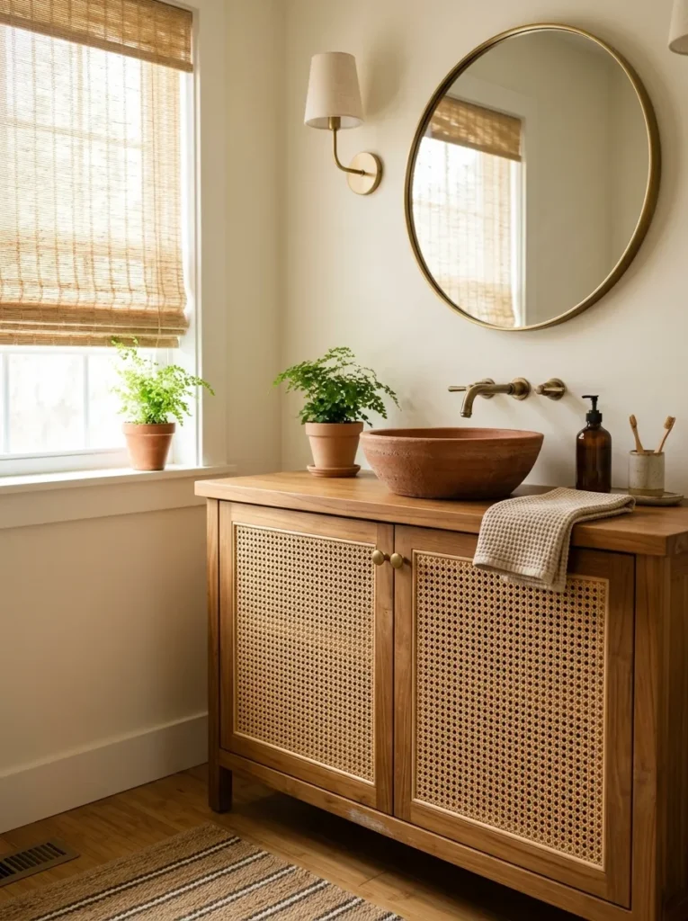  Bathroom vanity with woven cane cabinet door fronts and a wood countertop