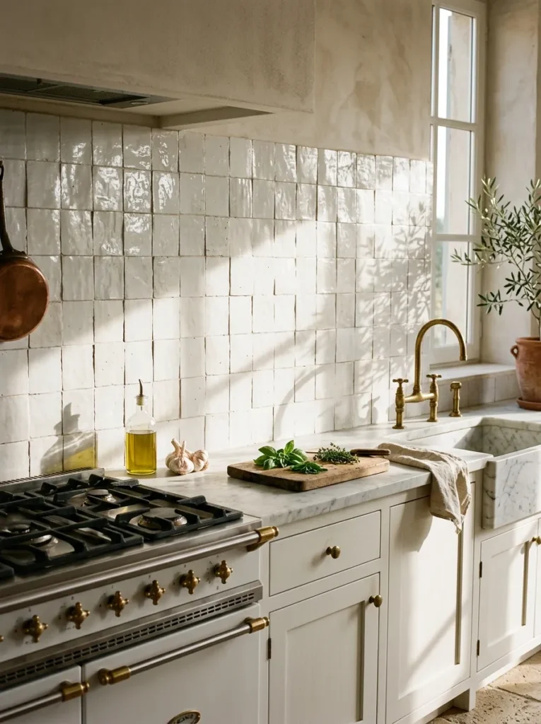 Handmade white zellige tile backsplash with visible texture and light variation