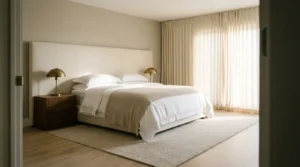 Luxury master bedroom with tall cream linen headboard, layered white and oatmeal bedding, matching aged-brass lamps, and floor-to-ceiling curtains in morning light