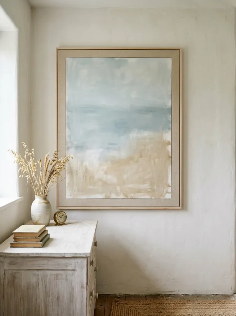 Abstract seascape painting with gestural blue-grey and sandy horizon in a natural linen frame on a coastal bedroom wall
