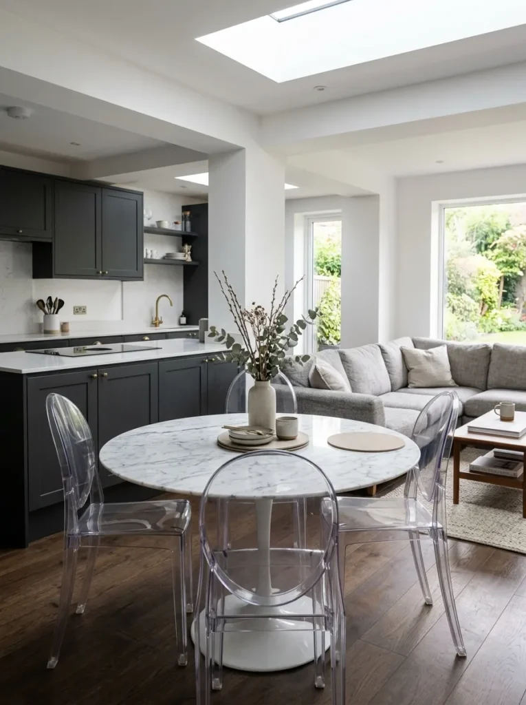 Transparent acrylic chairs around a marble dining table in an open plan with dark kitchen cabinetry and grey sofa visible through the chairs