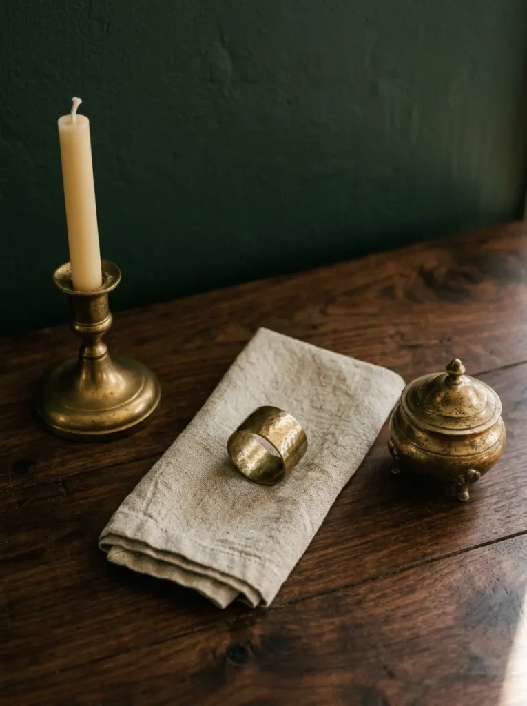 Dark dining table corner detail with aged brass candlestick, brass napkin ring on linen, and a small antique brass vessel against a dark green wall
