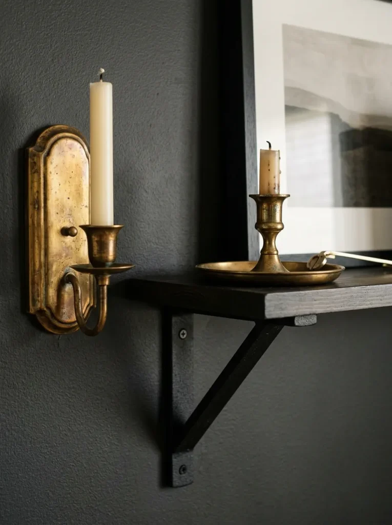 Dark shelving unit with aged brass sconce and matte black bracket showing both finishes together against a charcoal wall
