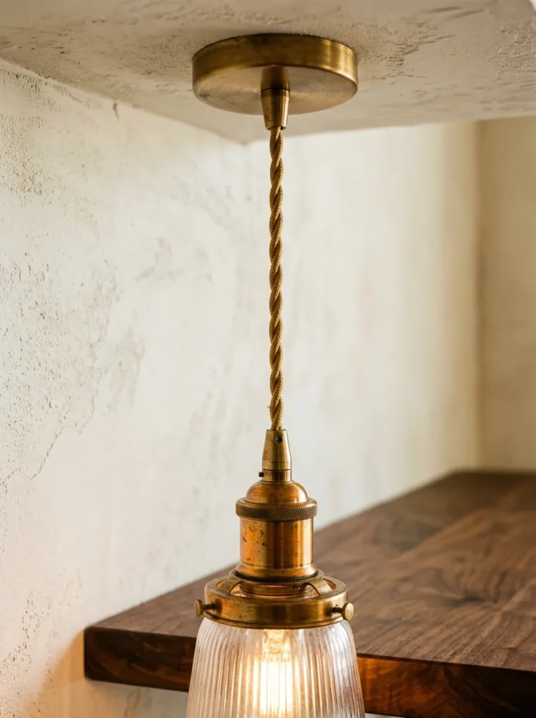 Close-up of an aged brass pendant cord and canopy reflecting warm golden light against a cream plaster wall above a walnut dining table