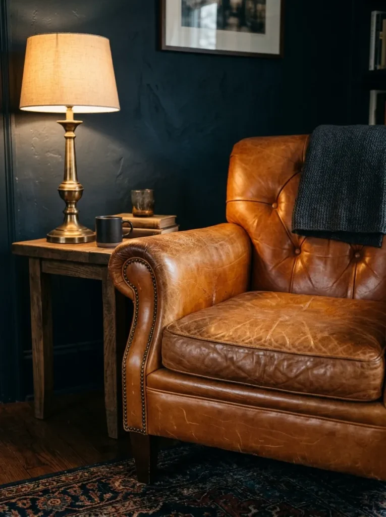 Aged cognac leather armchair with visible patina beside a smoked oak side table and brass lamp against dark inky walls